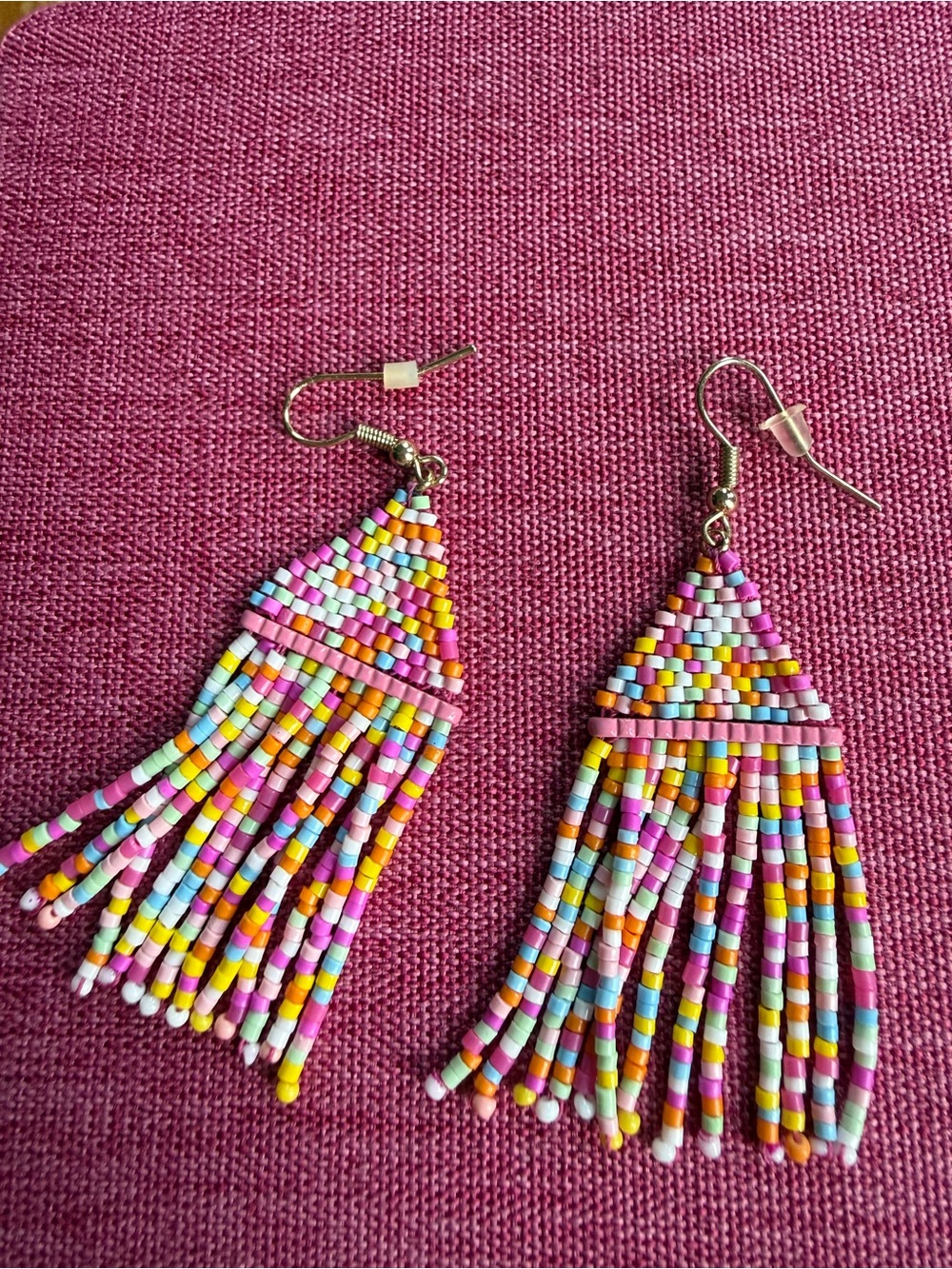 Multicolor Seed Bead Fringe Earrings - Pink, Yellow & Blue